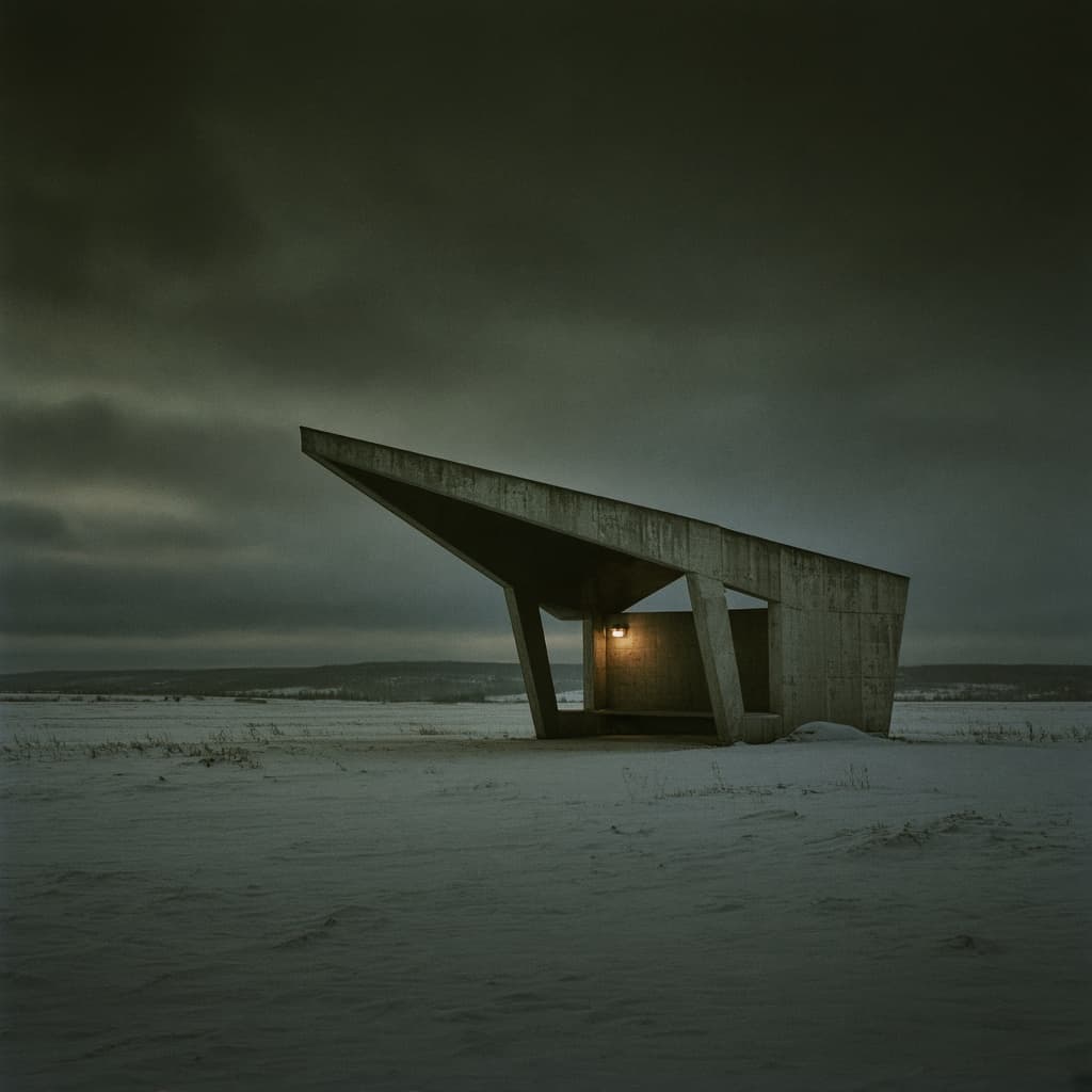 A modernist concrete bus shelter alone in a snowy field at dusk.