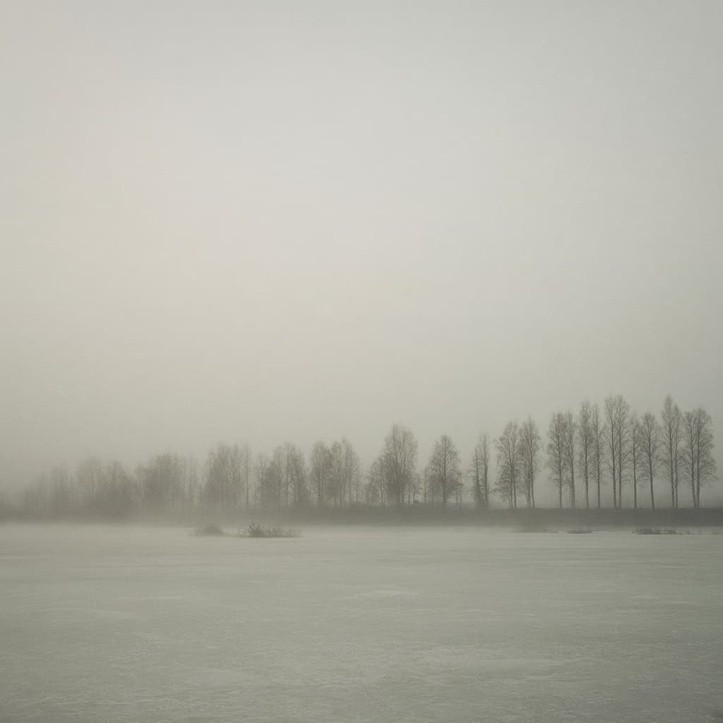 A frozen river in thick fog with a line of bare birch trees on the far bank.