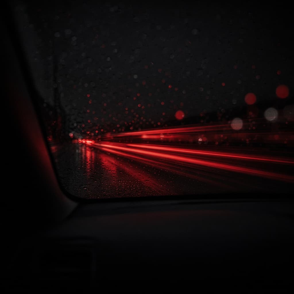 Red tail lights streaking across a rain-covered windshield at night.