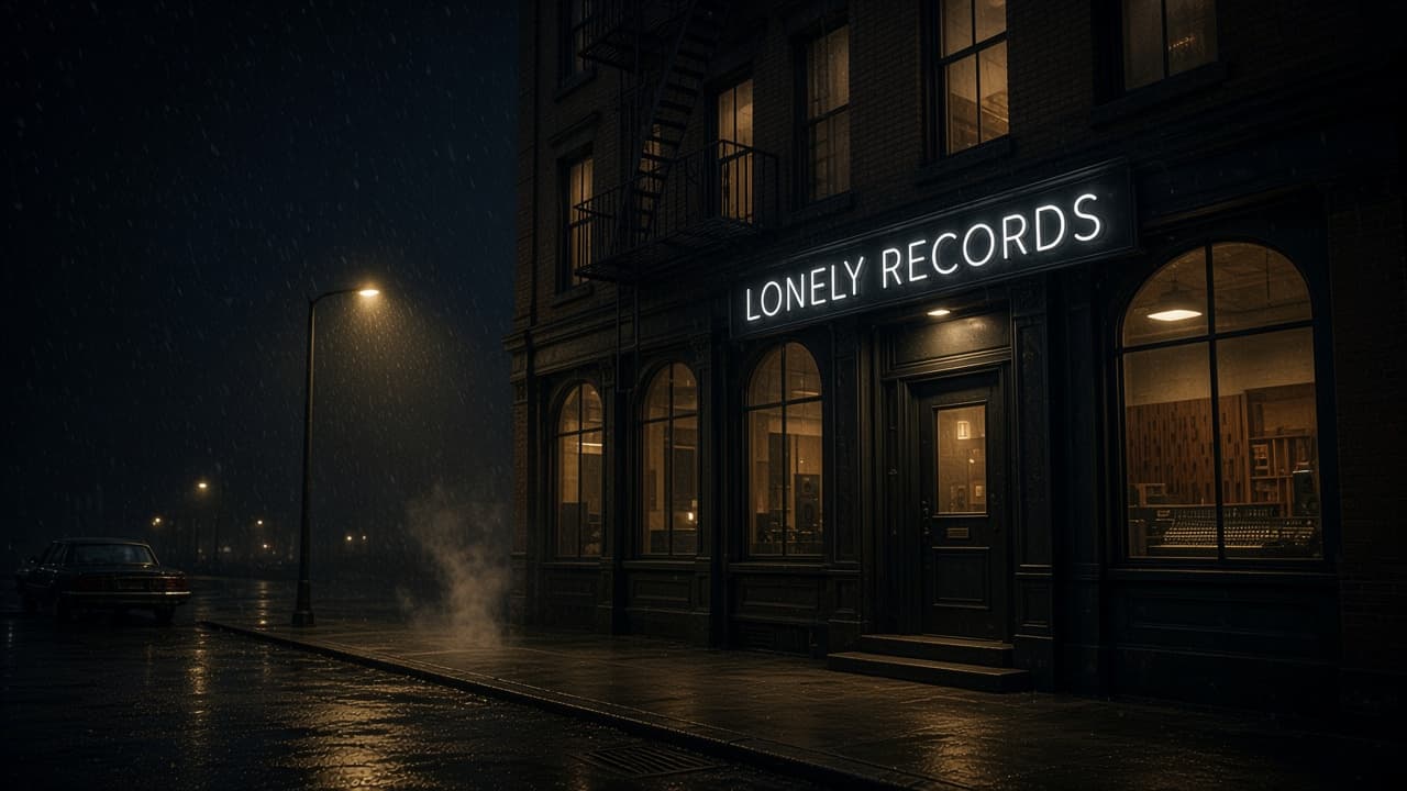 The Lonely Records studio at night, its white neon sign glowing above the door.