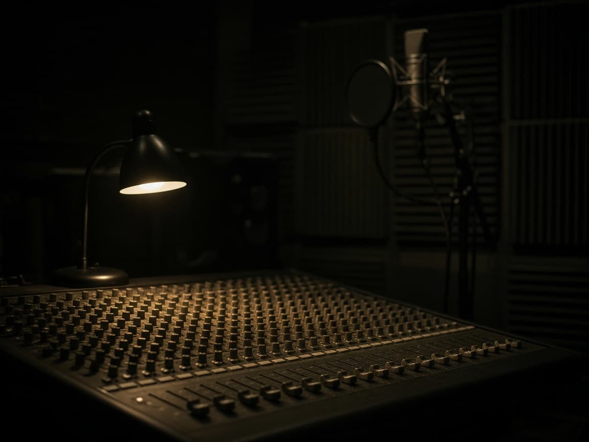 A mixing console lit by a single desk lamp in a dark recording studio.
